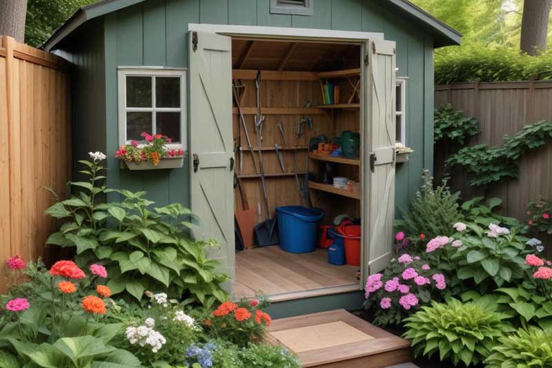 closeup of the exterior and interior of a small backyard shed constructed from wood for residential storage