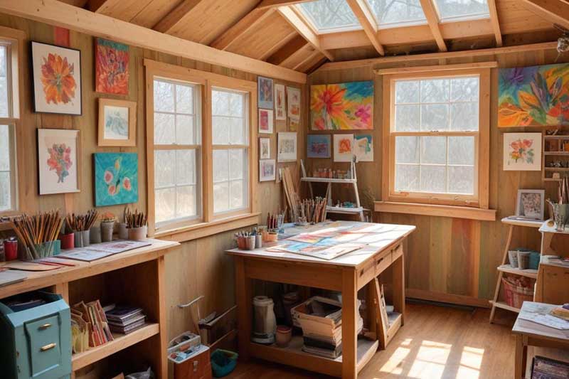 interior of a large backyard shed used for hobbies or home business purposes