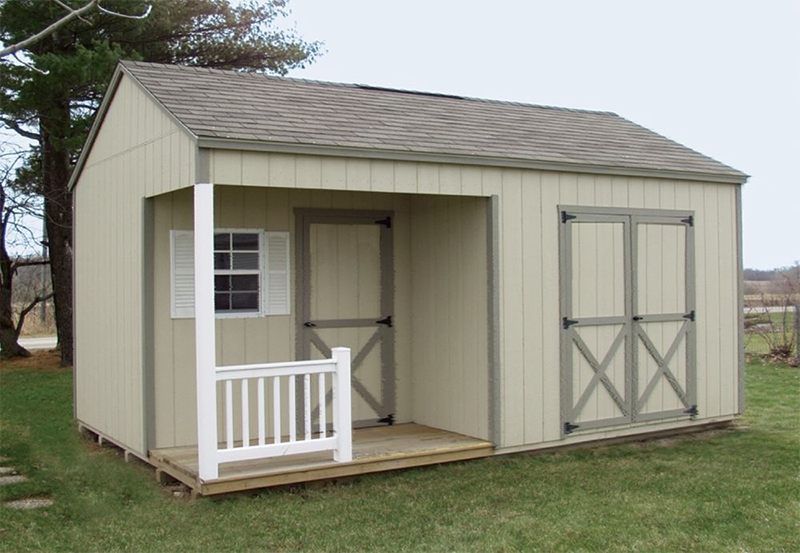 beige, taupe, and white shed with a porch area, window, front door, and garage doors for easier loading of equipment